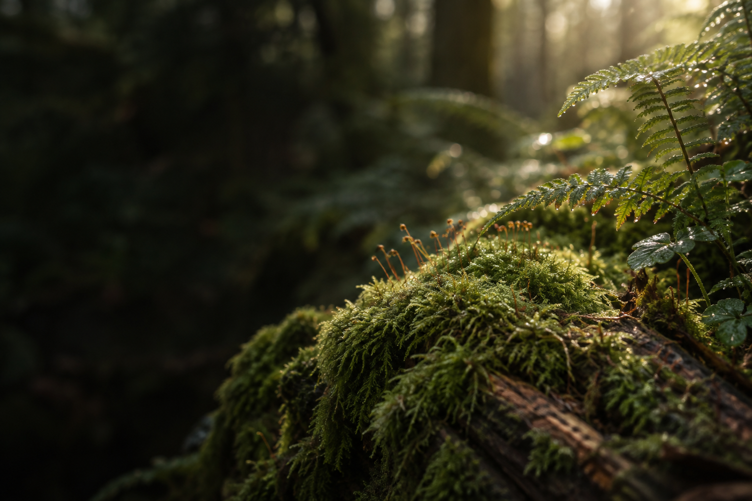 Morning light catching moss and dew on a woodland fern